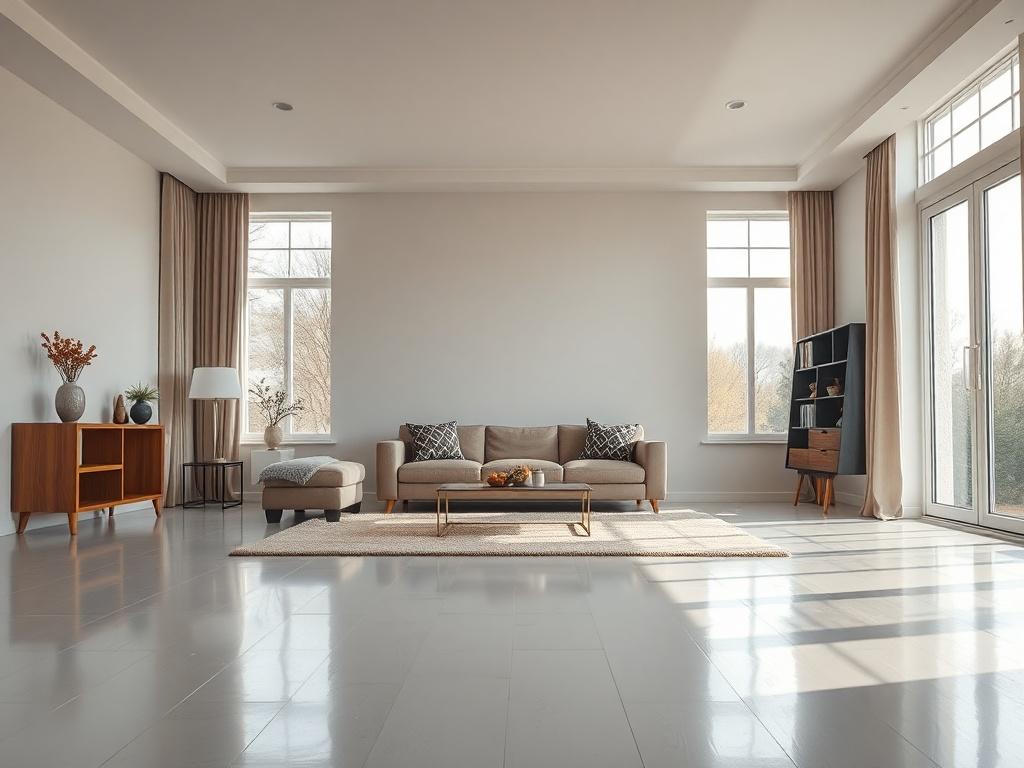 A hyper-realistic close-up shot of an empty living room ready for moving in, highlighting pristine floors and clean windows, shot with a 45mm f/1.2 lens.