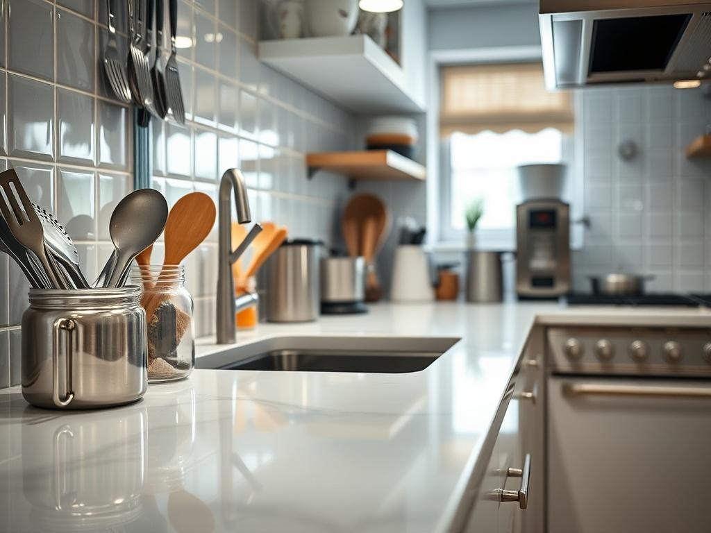A hyper-realistic close-up shot of a sparkling clean kitchen with shiny countertops and organized utensils, shot with a 45mm f/1.2 lens, focusing on the cleanliness and brightness of the space.