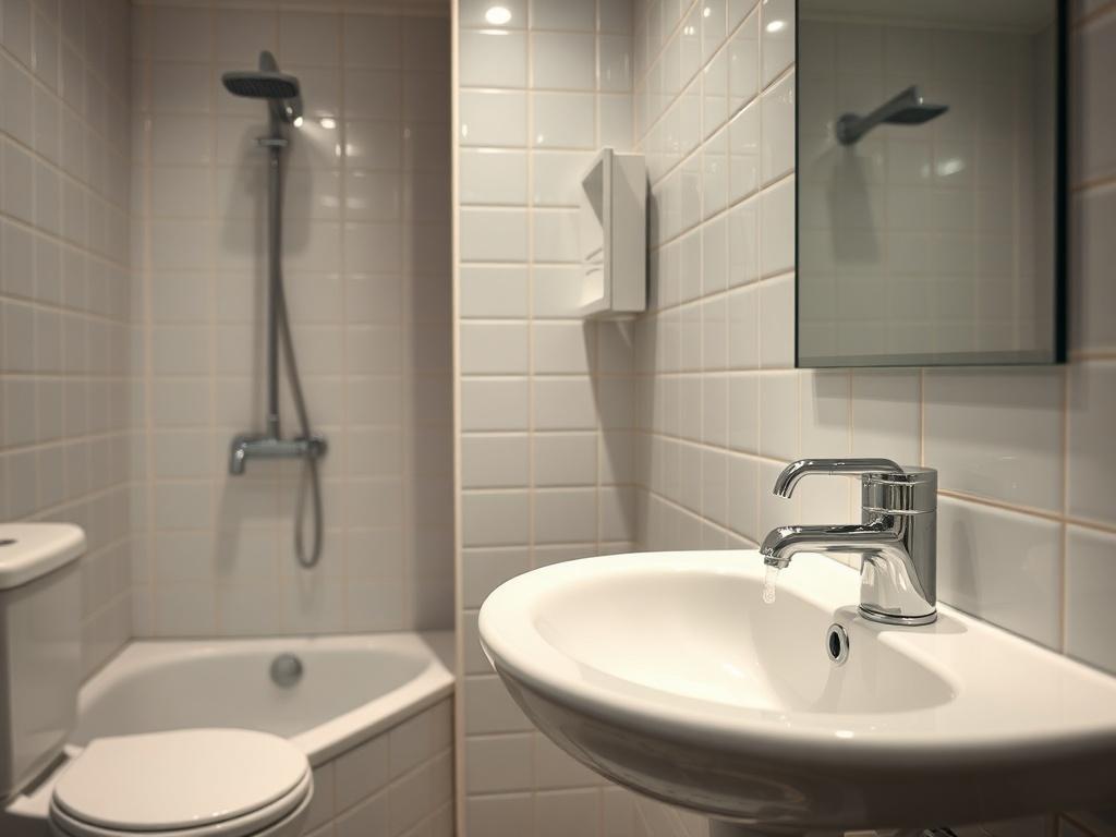 A hyper-realistic close-up shot of a beautifully deep-cleaned bathroom, showcasing gleaming tiles and pristine fixtures, captured with a 45mm f/1.2 lens.