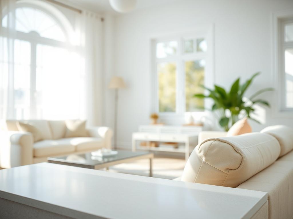 A beautifully cleaned room with sparkling surfaces, showcasing a bright and airy atmosphere. The focus is on a pristine living room with sunlight streaming through the windows, highlighting the cleanliness. The furniture looks immaculate and well arranged, creating a welcoming environment. The background features a touch of greenery from a plant, symbolizing freshness. Capture the essence of cleanliness and comfort in the composition.