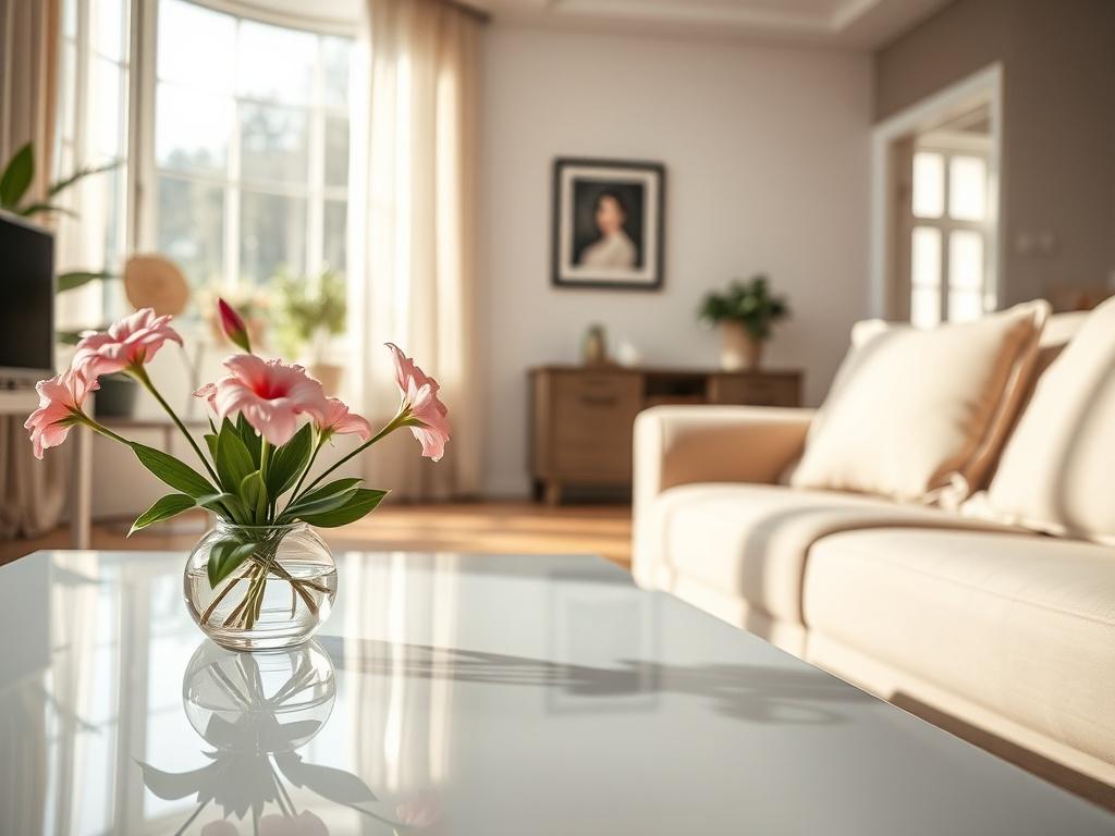 A clean and organized living room with sunlight streaming in, showcasing sparkling surfaces and neatly arranged furniture. The focus is on a well-maintained sofa, a polished coffee table, and fresh flowers. The background features a bright, airy atmosphere with soft colors, emphasizing cleanliness and comfort.