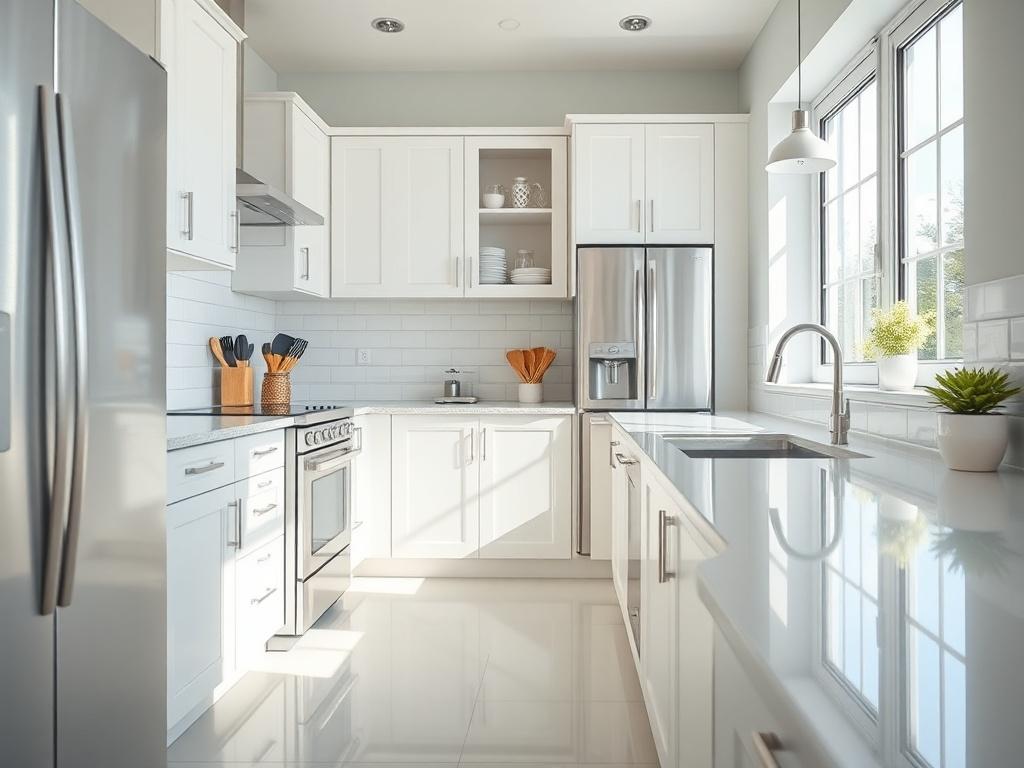 A bright and spacious kitchen being meticulously cleaned, with a focus on sparkling countertops and gleaming appliances. The image captures the essence of a fresh start, showcasing organized cabinets and a clean floor. Natural light floods in, enhancing the feeling of cleanliness and readiness.