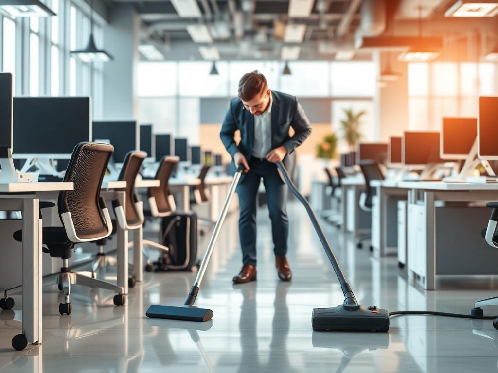 A bustling office environment with sparkling desks and clean floors, highlighting a professional atmosphere. The image features a team member using a vacuum cleaner, focusing on a well-organized workspace, with modern furniture and bright lighting, conveying a sense of cleanliness and professionalism.