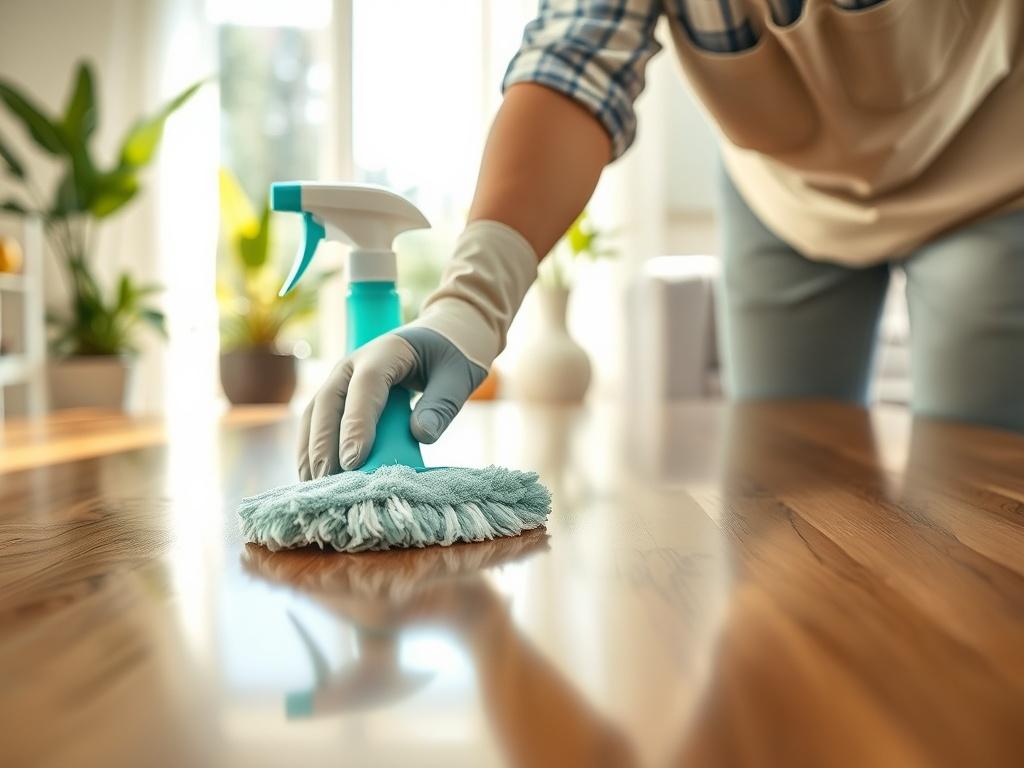 A high-resolution close-up shot of a professional cleaner using eco-friendly cleaning supplies in a bright, sunlit living room. The focus is on the cleaner's hands as they wipe down a polished wooden table, showcasing gleaming surfaces. The background features a tidy space with fresh plants and a soft, inviting color palette. The image should evoke a sense of cleanliness and care, emphasizing the attention to detail in the cleaning process.