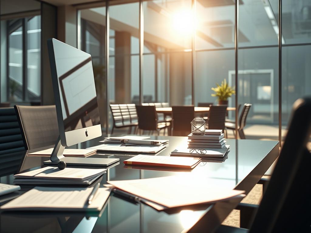 A hyper-realistic close-up of a modern office workspace, featuring a clean desk with organized paperwork, a shiny computer monitor, and a sparkling conference room in the background. Sunlight should illuminate the scene, highlighting the freshness of the workspace.