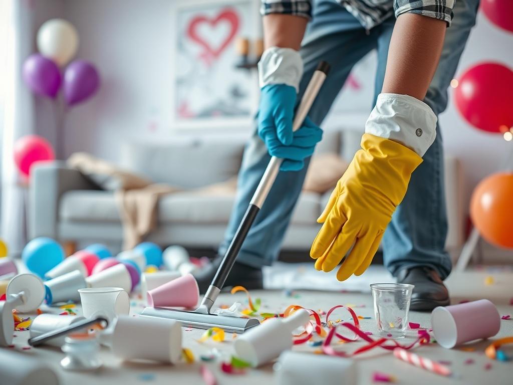 A hyper-realistic close-up shot of a professional cleaner in action, wearing gloves and holding a cleaning tool, surrounded by scattered party decorations such as balloons and empty cups. The background features a slightly blurred living room setting with soft lighting, emphasizing cleanliness and order. The image should convey a sense of efficiency and satisfaction, with vibrant colors that reflect the RGB(50, 170, 39) primary color scheme.