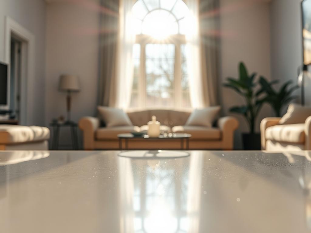 A hyper-realistic close-up shot of a sparkling clean living room, showcasing a pristine surface, with sunlight filtering through a window creating a warm ambiance. The room should have minimalistic decor with a focus on cleanliness, highlighting the shiny surfaces and dust-free environment, shot with a 45mm f/1.2 lens.