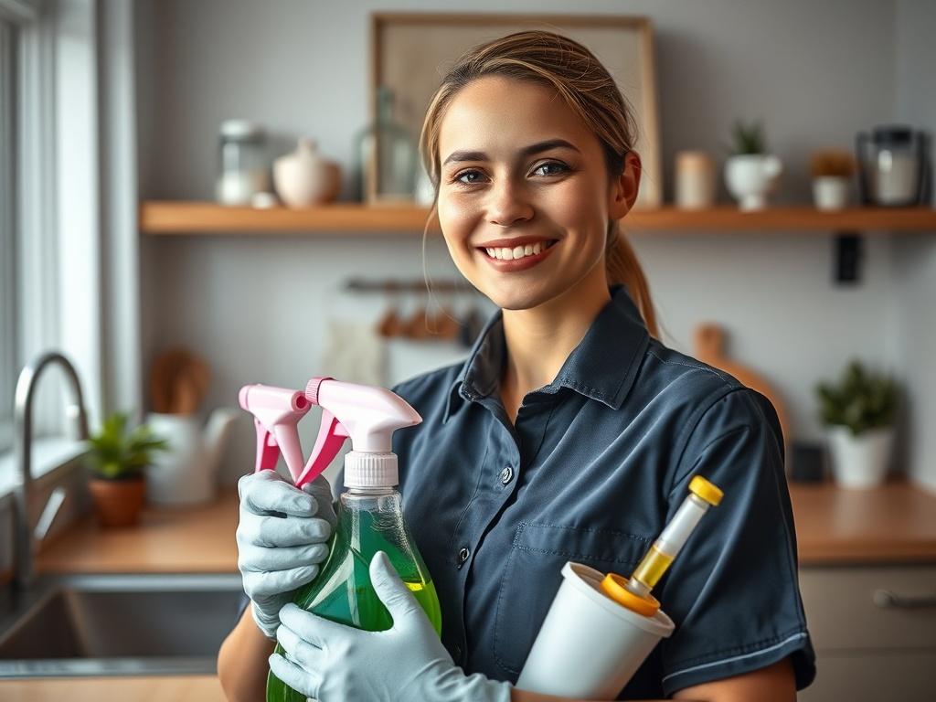 A hyper-realistic close-up shot of a professional cleaner in uniform, smiling and holding eco-friendly cleaning supplies, standing in a well-organized and clean kitchen. The background should reflect a clean, inviting atmosphere, emphasizing professionalism and trustworthiness, shot with a 45mm f/1.2 lens.