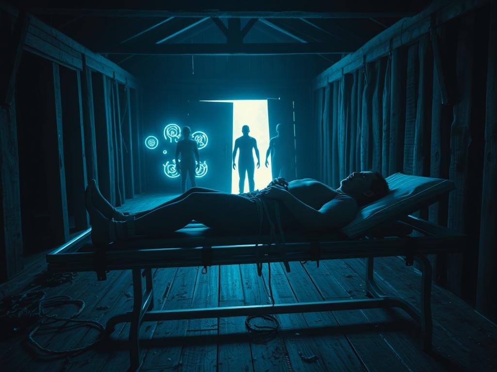 In a dark, partially visible section of an old barn, a human lies fully restrained to a metal examination bed, their wrists and ankles tightly secured with clamps. Only the immediate area around the bed is illuminated by cold blue and white alien lights, revealing strange symbols and pulsing patterns shimmering across the wooden beams nearby. The rest of the barn fades into shadow. Several tall, shadowy alien figures stand just beyond the light, barely visible as they watch the restrained person being pushe