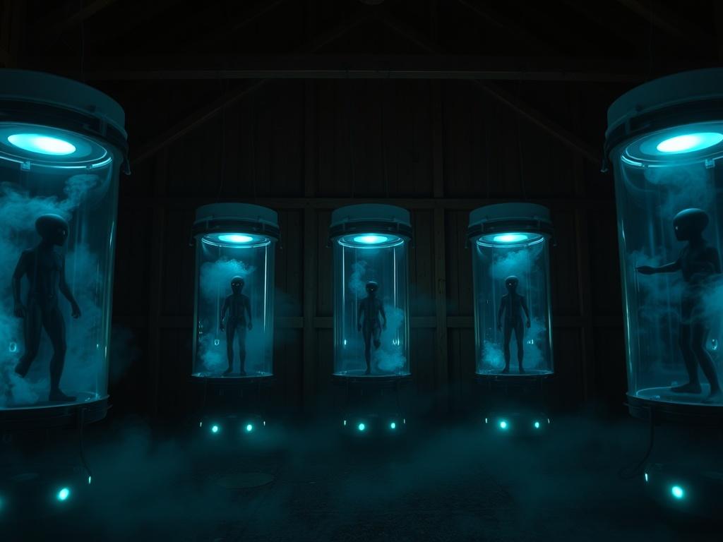 A dark, eerie barn interior converted into an alien containment chamber. Six tall, cylindrical capsules made of fogged translucent glass with rounded edges stand in a row. Dim blue and green lights glow from inside the capsules, illuminating swirling smoke and shadowy silhouettes within. The wooden barn walls and beams contrast with the advanced, organic alien machinery attached to the capsules by cables and tubing. A cold, misty haze fills the floor, and faint bioluminescent patterns pulse along the capsul