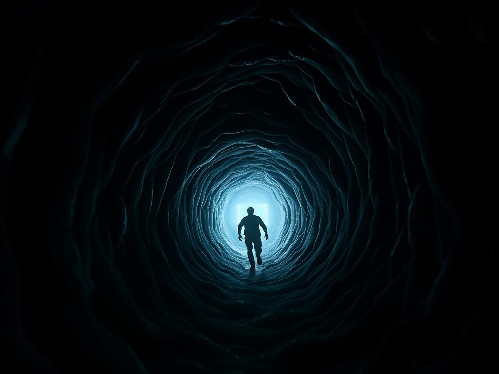 A dark, claustrophobic escape tunnel made of flexible, organic material that seems to breathe with dim pulses of blue and green light. A single human silhouette is seen crawling through the narrow passage toward a distant glowing exit. The atmosphere is tense and urgent, capturing the thrill of escaping the aliens’ control.