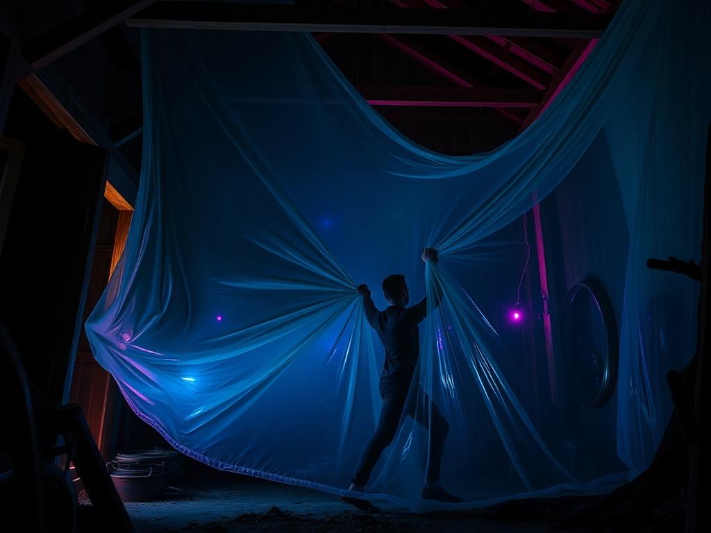 Inside a dark, partially transformed barn, a large translucent alien membrane stretches across one of the wooden walls like a living barrier. A human is shown pushing their way through the flexible, organic surface, the membrane clinging to their body as it distorts and ripples around them. Soft bioluminescent blue and purple lights pulse from behind the membrane, casting eerie reflections onto nearby wooden beams and old barn equipment. The contrast between the rustic, shadowed barn interior and the glowin