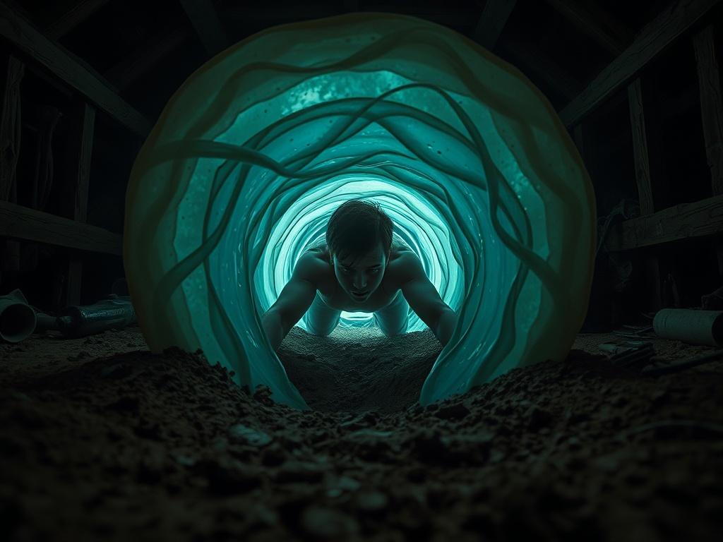 Inside a dark barn, the image shows a close, claustrophobic view of a person crawling out of an alien ‘embryo-like’ tunnel embedded in the dirt floor. The camera is extremely close to their arms and shoulders as they squeeze through the tight opening, their body pressed against the wet, flexible, organic surface of the tunnel walls. The tunnel interior glows with soft blue and green bioluminescent light, revealing membrane-like textures that stretch and cling to the person as they push forward. In stark con