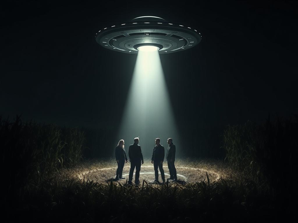 A dramatic nighttime scene in a cornfield showing four people standing inside a crop circle while a large UFO hovers above them, shining a bright beam of light down through the darkness. The cornstalks surrounding them are tall and shadowy, creating an eerie atmosphere. The image is cinematic, high-contrast, and designed to evoke suspense and mystery.
