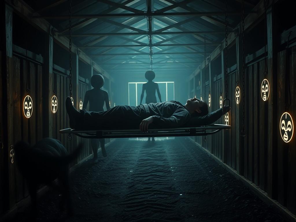 A restrained, fully clothed human being lies on a metal stretcher being pushed through a dimly lit barn interior. The scene captures only a small portion of the barn, showcasing wooden beams overhead, ominous hanging chains, and patches of glowing alien symbols scattered around. Tall, dark alien shadows loom along the path, enhancing the eerie atmosphere. The lighting is dramatic, with deep shadows and rich contrasts, creating an intense and suspenseful environment.