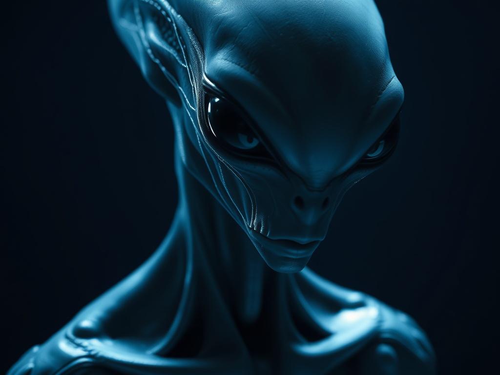 A close-up shot of an alien’s upper body and face, lit by cold blue light. Its skin is smooth and semi-translucent, with subtle veins pulsing beneath the surface. The face is long and expressionless, with dark, reflective eyes that catch the light like polished obsidian. The alien’s features feel biologically plausible — no cartoon exaggeration, just unsettling realism. Thin tendons shift beneath the skin as it slowly tilts its head, giving a sense of intent, intelligence, and quiet menace.