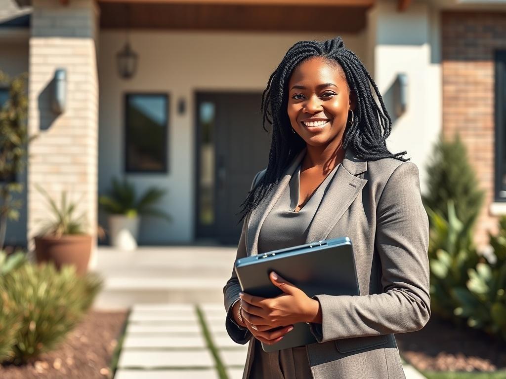 A black female realtor standing confidently outside a modern home, wearing a professional outfit and holding a clipboard. The background features a well-maintained garden and the entrance of the house, showcasing its attractive exterior. The lighting is bright and welcoming, emphasizing a sunny day to reflect a positive and engaging atmosphere.