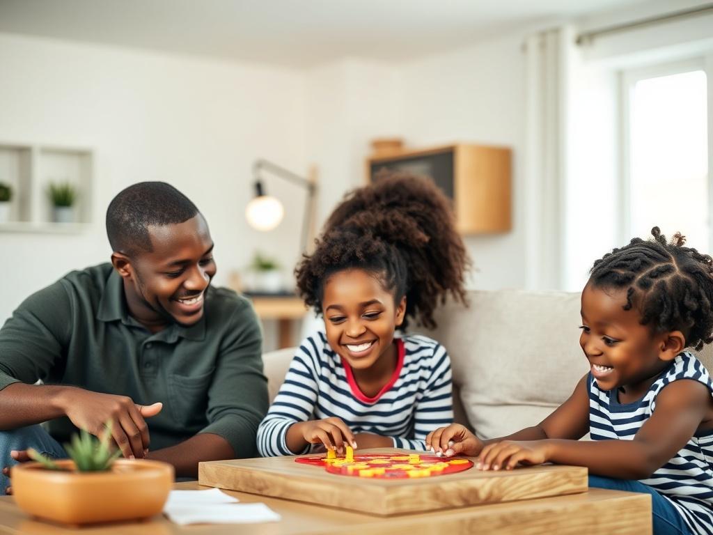 A close-up shot of a black family enjoying time together in a modern living room. The family consists of two adults and two children, all smiling and engaged in a fun activity like playing a board game. The room is bright and inviting, featuring contemporary furniture and decor that reflect a modern lifestyle. The background should be softly blurred to emphasize the warmth and connection between family members. The lighting is natural and cheerful.