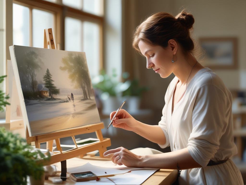 A serene workshop setting with a single artist painting on