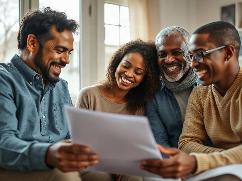 A close-up shot of a diverse family smiling together in a cozy living room, symbolizing security and happiness. The family is engaged in a discussion while looking at documents. Soft natural light filters through a window, creating a warm and inviting atmosphere.