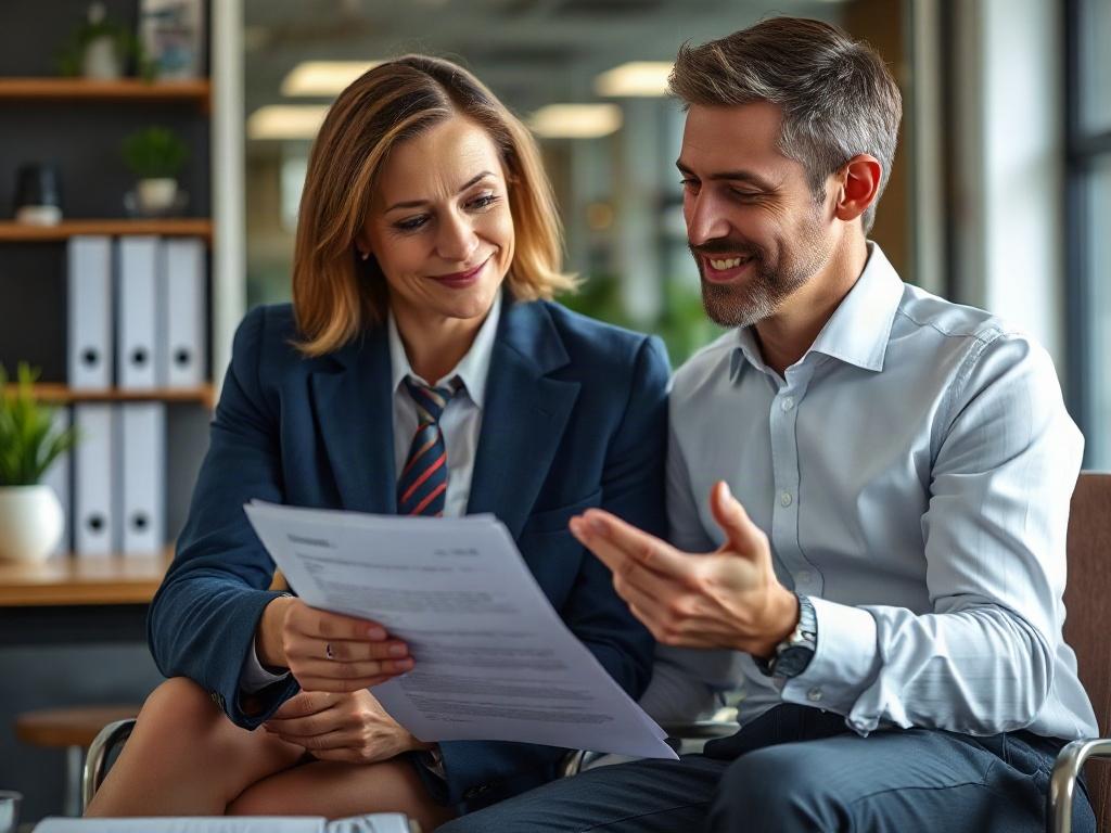 A close-up shot of a life insurance agent seated with a client, reviewing documents together in a professional office setting. The agent is pointing at a policy document while explaining, with a friendly smile, and the client looks engaged and thoughtful.