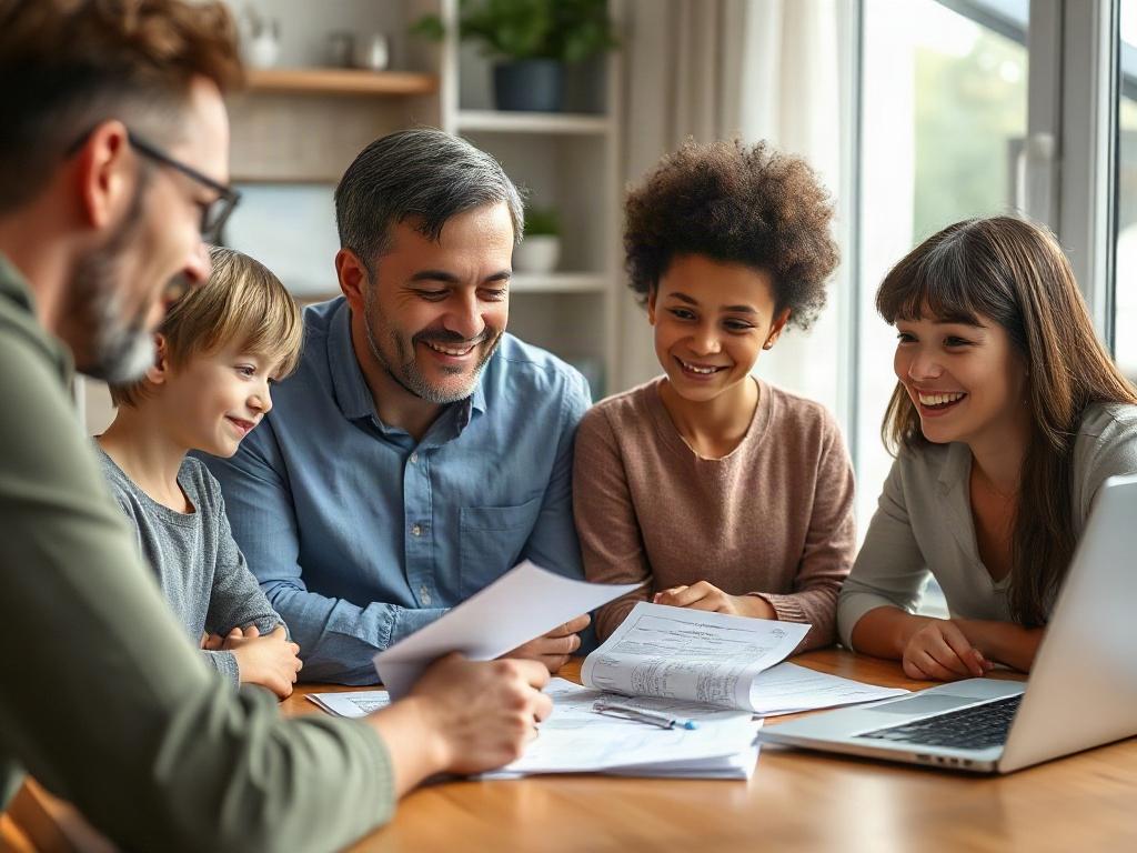 A close-up shot of a family gathered around a table with a financial planner, discussing life insurance options. Documents and a laptop are visible, showcasing a collaborative planning session. The family looks hopeful and engaged, with a soft focus background.