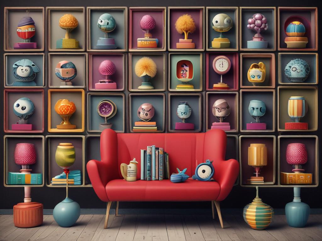 1. Quirky
2. Everyday objects
3. Curiosities
4. Imagination
5. Humorous
6. Surprising
7. Whimsical
8. Unique designs
9. Colorful
10. Playful
11. Objects in unexpected settings
12. Artistic representation
13. Lighthearted
14. Contrasting styles
15. Thought-provoking
16. Minimalistic
17. Fun textures
18. Ordinary items, extraordinary perspectives
19. Creative arrangement
20. Engaging layouts