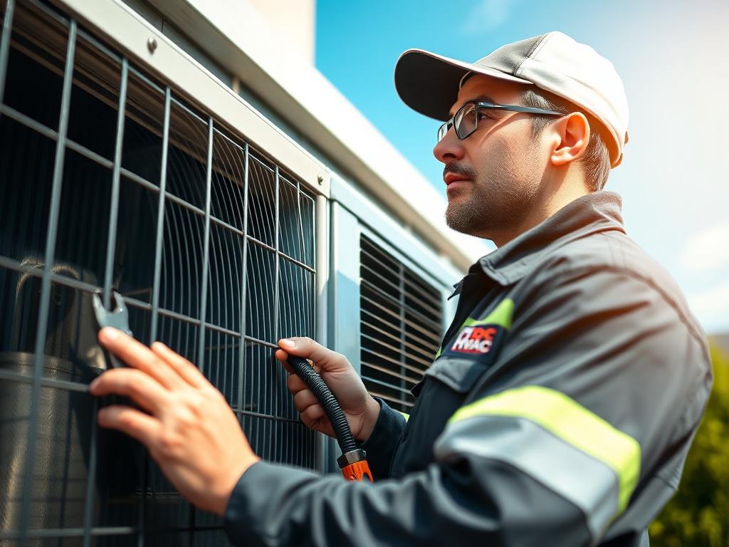 A close-up shot of a professional HVAC technician inspecting a modern air conditioning unit. The technician is wearing a uniform with the Doc HVAC logo, focused and attentive, with tools in hand. The background features a well-maintained outdoor setting, showcasing a clear blue sky and a hint of greenery. The image should evoke a sense of reliability and expertise, shot with a 45mm f/1.2 lens style for a hyper-realistic effect.