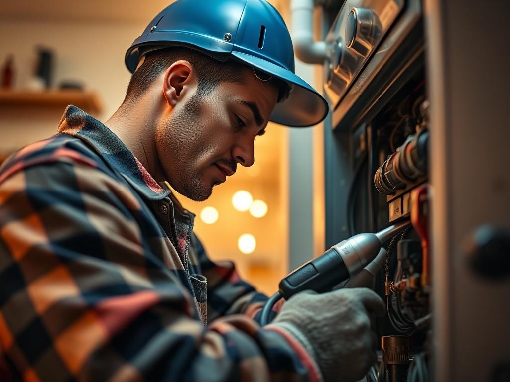 A detailed close-up shot of a technician repairing a heating system in a residential setting. The technician is focused and using specialized tools, demonstrating expertise. The background should reflect a warm and inviting atmosphere, highlighting the importance of a functioning heating system. The color scheme should incorporate the #062767 primary color for visual consistency.