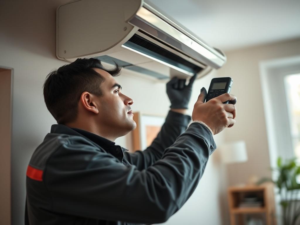 A high-resolution close-up shot of a technician installing an air conditioning unit inside a residential space. The technician is focused on the task, showcasing their skill and professionalism. The background should be a bright and inviting room, emphasizing the importance of a comfortable indoor environment. The color palette should align with the #062767 primary color, creating a cohesive look.