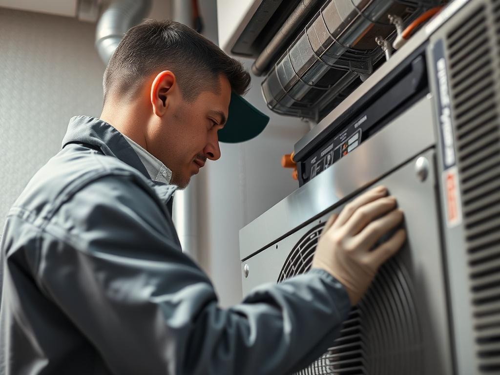 A close-up shot of a technician performing routine maintenance on an HVAC system in a well-lit environment. The technician is inspecting and cleaning the unit, showcasing their professionalism. The surroundings should convey a sense of care and attention to detail, reflecting the importance of regular maintenance. The composition should include elements that align with the #062767 primary color for coherence.