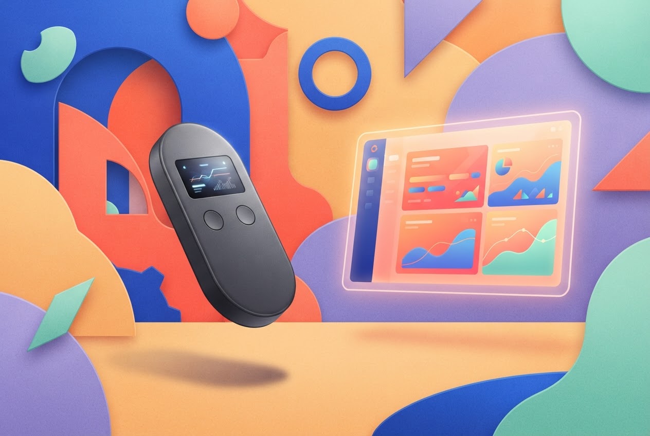 Illustration of a hardware wallet beside an abstract desktop portfolio screen