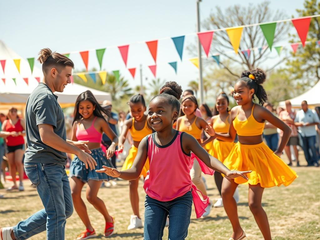 A vibrant community event featuring the drill team interacting with