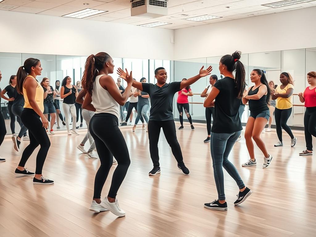 A lively dance workshop in progress, featuring diverse participants of