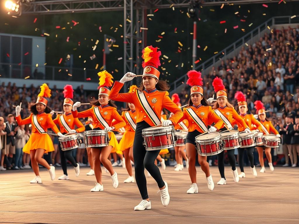 A dynamic performance scene featuring a diverse drill team and