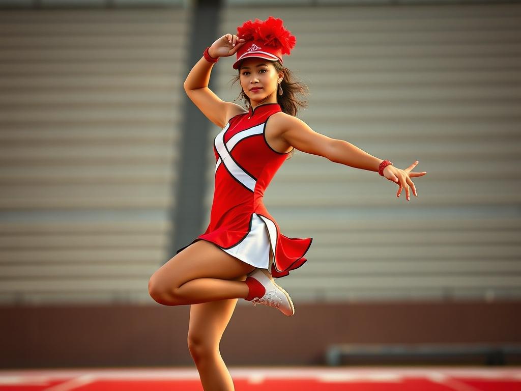 Create a realistic high-resolution photo showcasing a single drill team performer in action during a dynamic routine. The subject should be a young woman dressed in a vibrant, eye-catching uniform, complete with a coordinating hat and accessories that reflect the energy and spirit of drill team performances. Her posture should exude confidence and precision, capturing the essence of intricate choreography with one arm elegantly extended and one leg lifted in a graceful motion, conveying both strength and fl