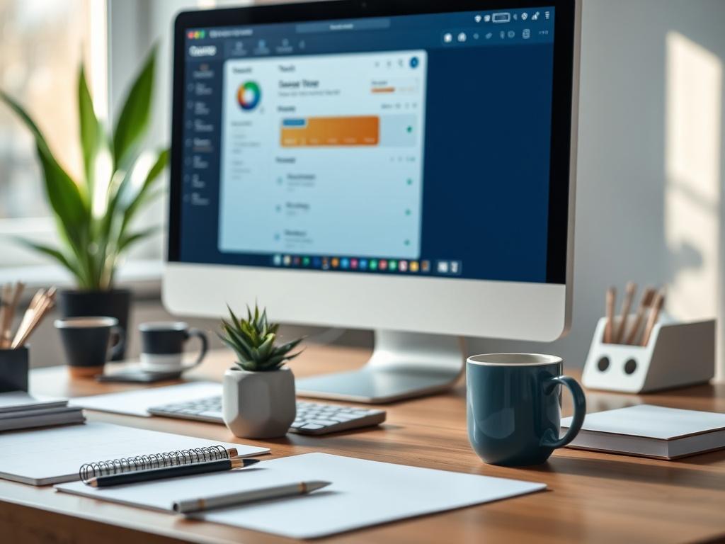 A close up shot of a modern workspace featuring a