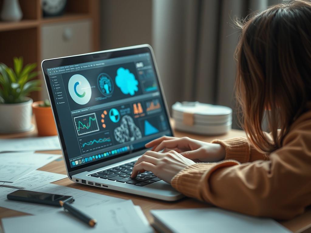 A close up shot of a person happily working on