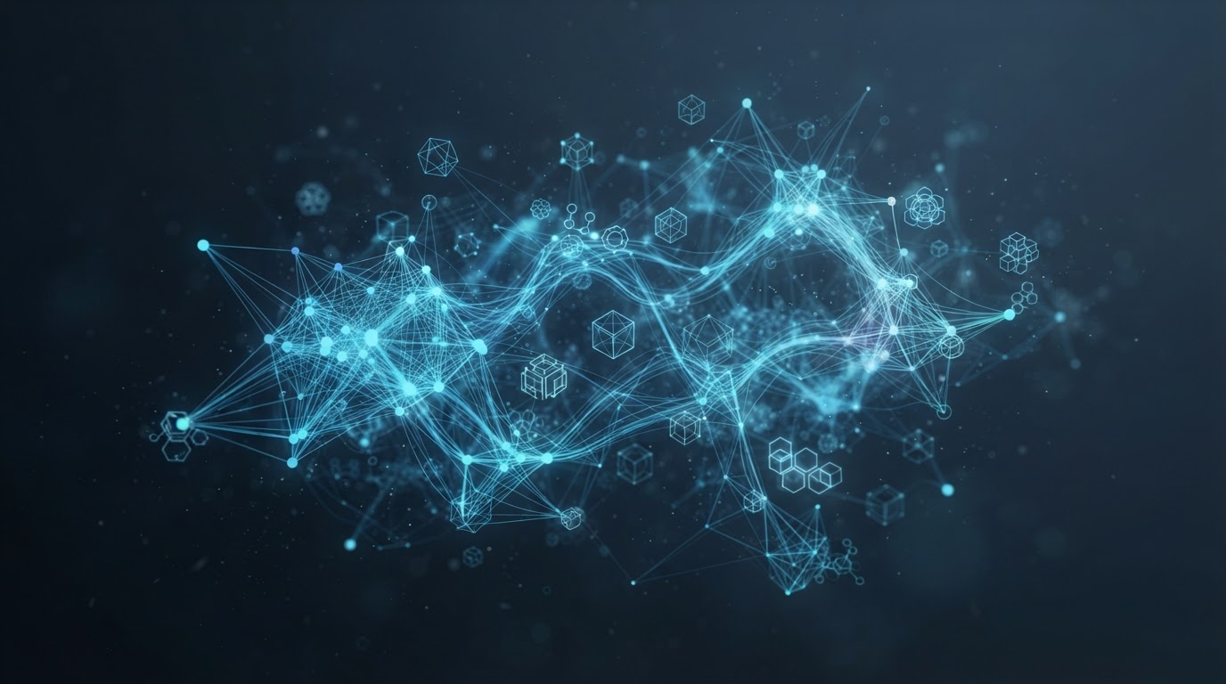 Abstract dark cloud data-mesh with floating high-density networking nodes