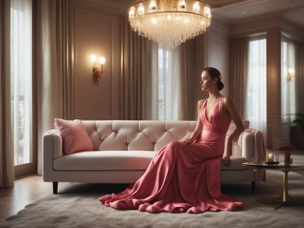 A beautiful woman in an elegant evening dress, sitting on