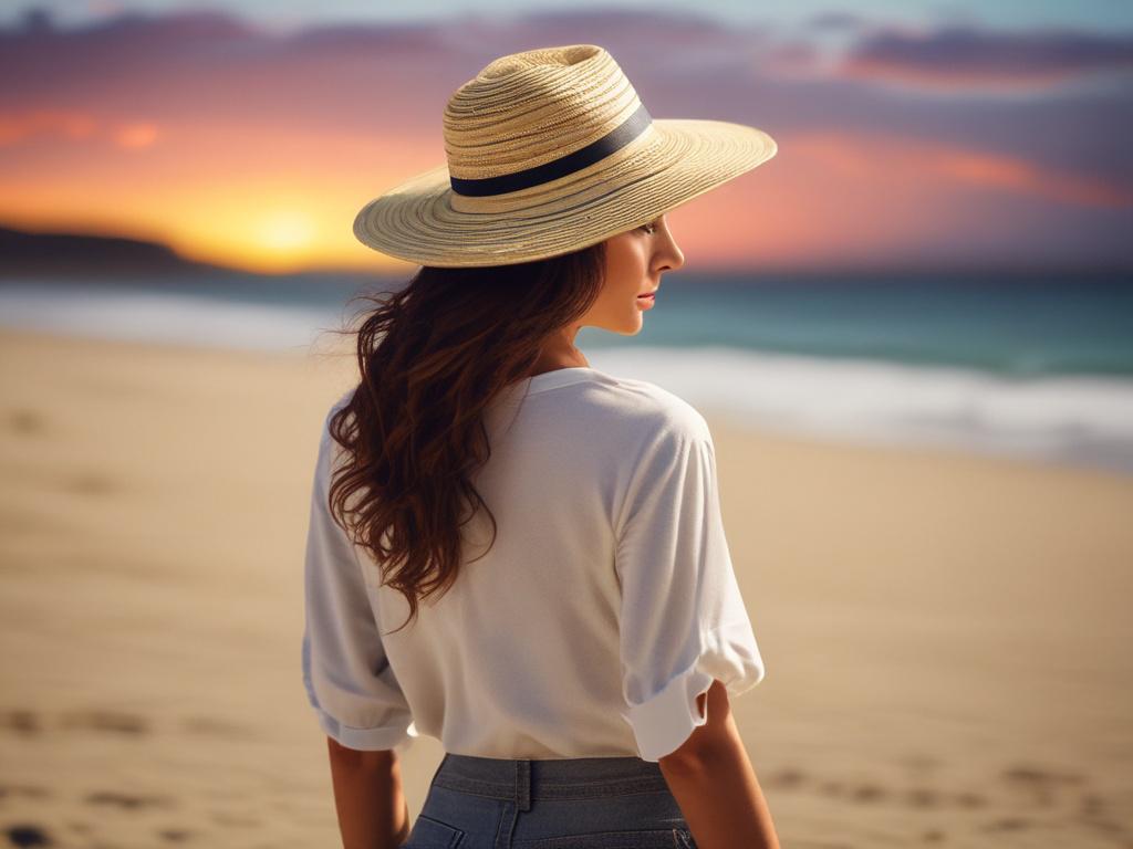 A beautiful woman standing on a scenic beach, dressed in