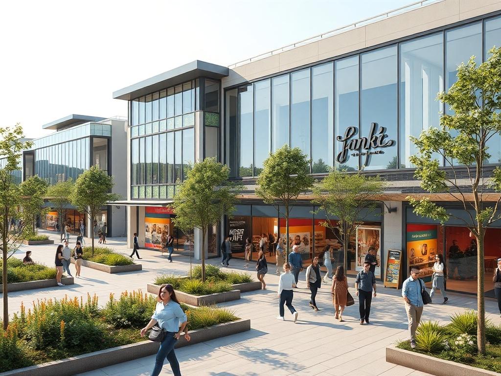 A high resolution image of a modern commercial complex bustling
