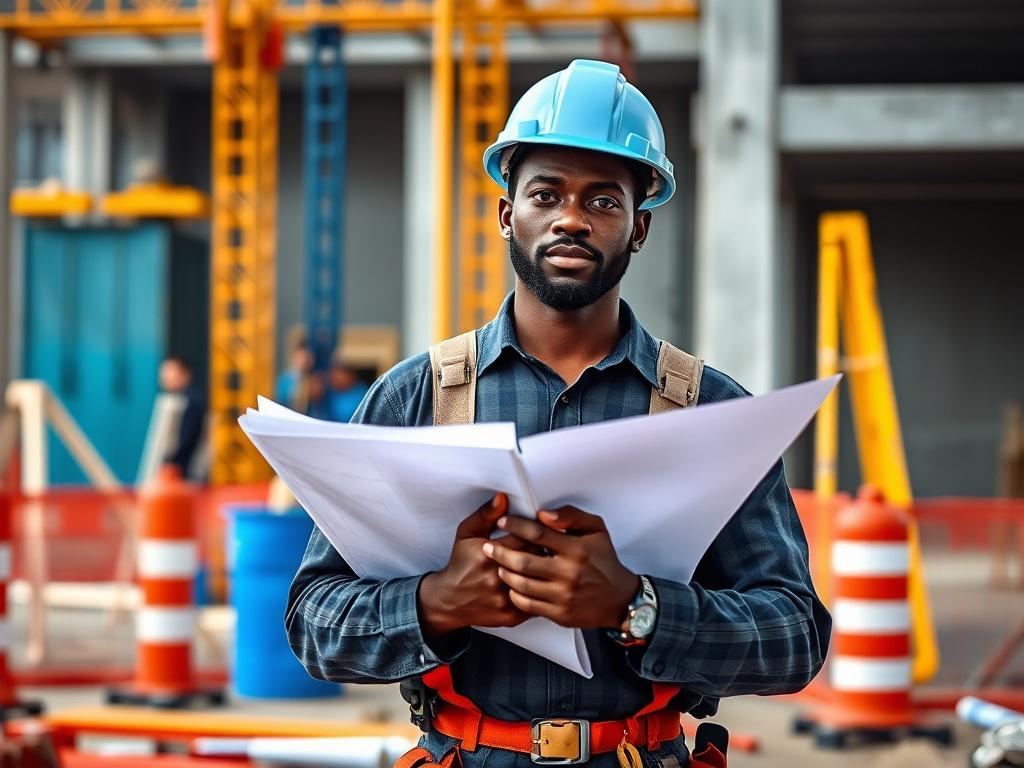 A striking image of a Black building contractor standing confidently at a construction site in Mandeville, Jamaica. The contractor is wearing a hard hat and holding blueprints, showcasing a professional demeanor. In the background, there are vibrant construction elements with bold colors reflecting the brand's palette—blue, red, white, and yellow. The scene is well-lit, highlighting the contractor's focus and dedication to quality workmanship. The composition is minimalistic with clean lines, emphasizing the contractor as the central subject.