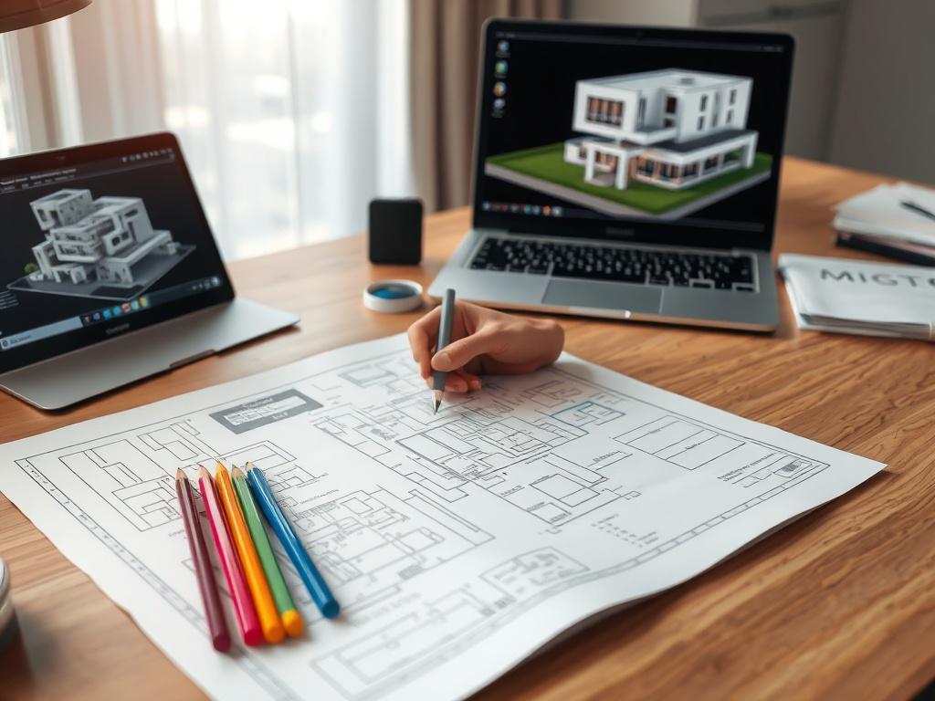 A high resolution of an architect’s desk featuring detailed blueprints