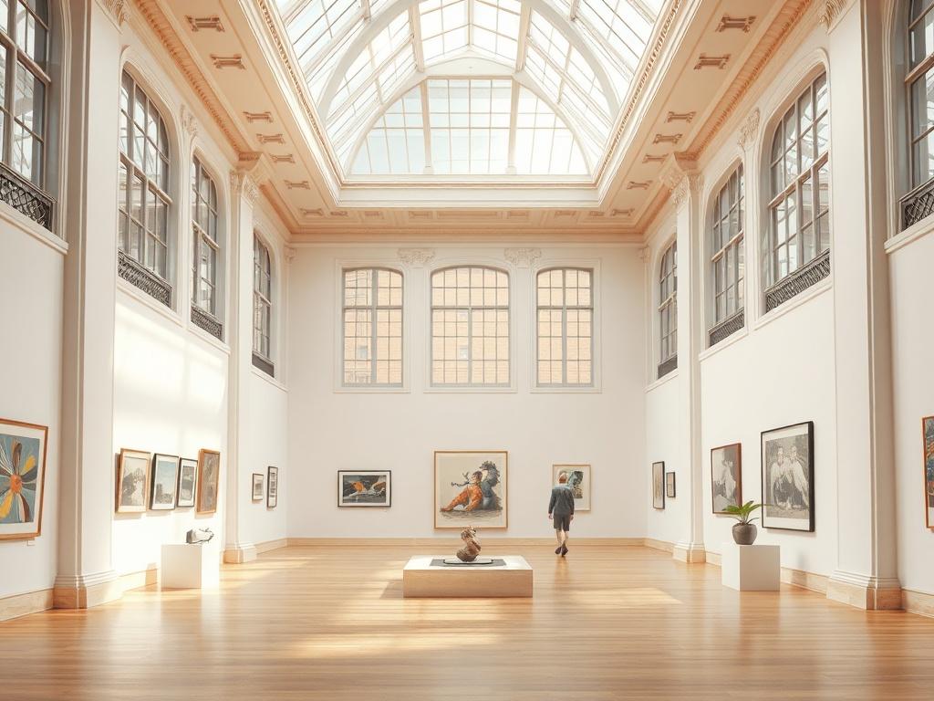 A photorealistic image of a modern art gallery housed within