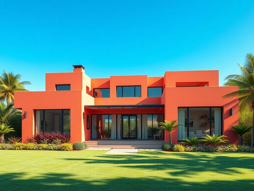 A photorealistic image of a stylish modern villa surrounded by