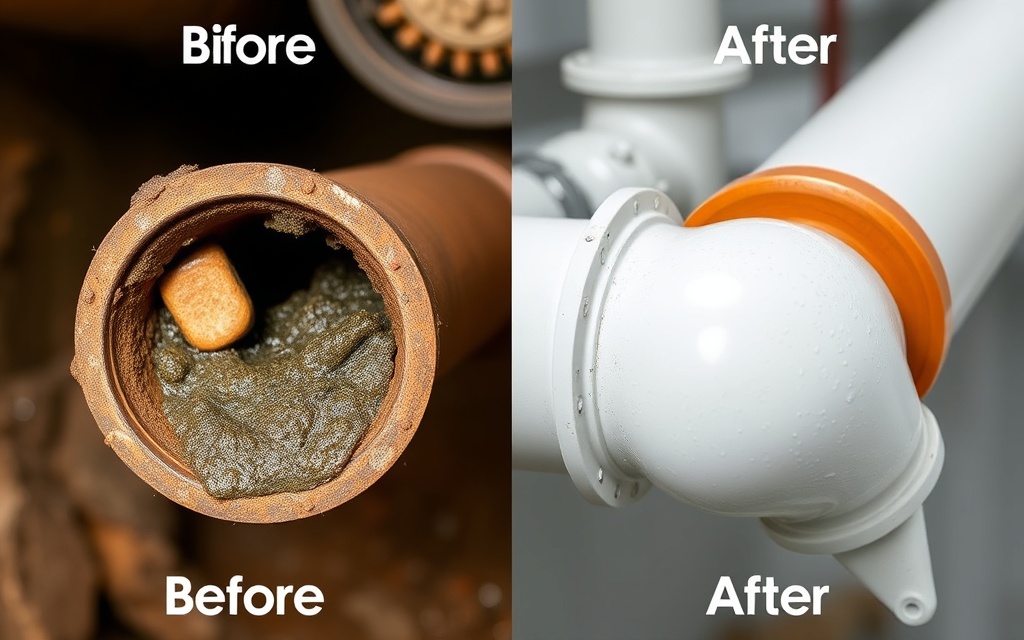 Before and after water pipe restoration showing reduced corrosion and improved integrity