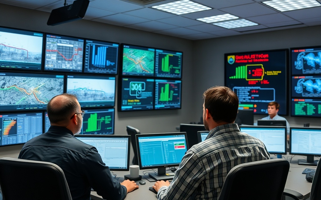 Water system monitoring control room with real-time data displays and analytics