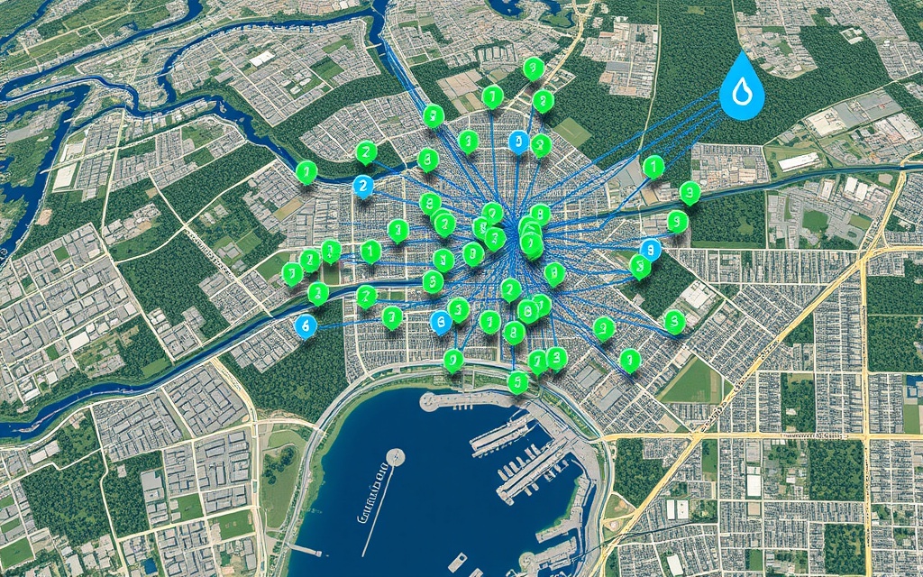 Satellite view of urban water distribution network with monitoring points and resilience indicators