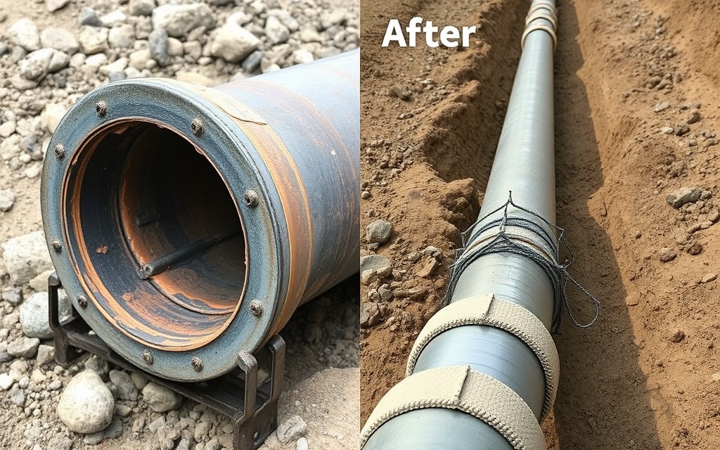 Before and after gas pipeline comparison showing improved corrosion protection and safety